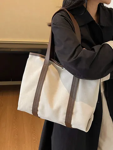 Damen Große Kapazität Segeltuch Tragetasche Casual Minimalismus Kontrast Riemen Multi Tasche Pendler Student Schultertasche