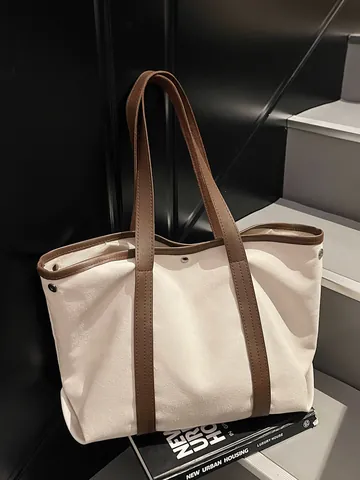 Damen Große Kapazität Segeltuch Tragetasche Casual Minimalismus Kontrast Riemen Multi Tasche Pendler Student Schultertasche