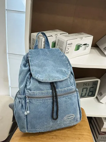 Vintage Washed Denim Backpack Casual Drawstring Flap School Bag For Men Women Lightweight Travel Rucksack Fashion