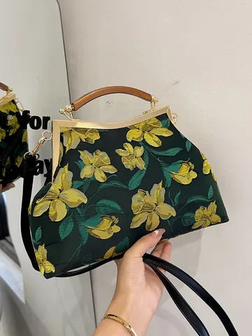 Borsa a Mano da Donna in Stile Cinese Vintage con Ricamo Floreale in Broccato di Raso Cornice in Metallo Chiusura a Scatto Borsa a Tracolla da Sera