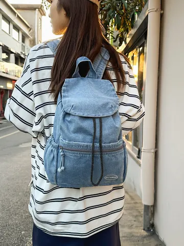 Vintage Washed Denim Backpack Casual Drawstring Flap School Bag For Men Women Lightweight Travel Rucksack Fashion