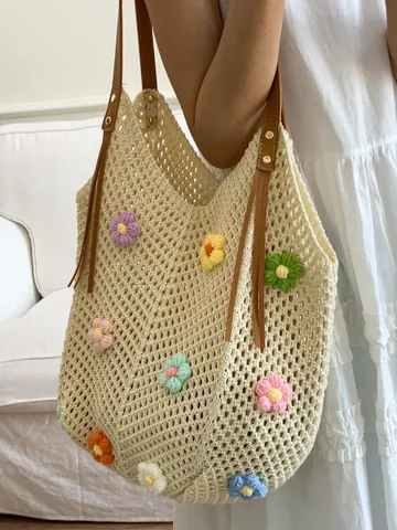 Women Handmade Crochet Knit Tote Bag With 3D Floral Accents Hollow Out Relaxed Style Large Capacity Shoulder Bag With Leather Handles