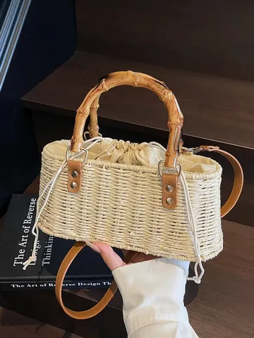 Bolso de Paja Tejido para Mujer Con Asa de Bambú Cordón Bolso de Playa Vacaciones Bandoulière Casual Para Uso Diario