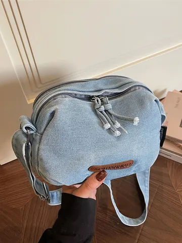 Sac Bandoulière Vintage en Denim Lavé Forme Coquille pour Femmes Grande Capacité Bandoulière Large Réglable Fermeture Éclair