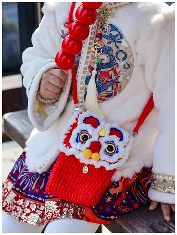 Danza del Leone Borsa a Tracolla Fatto a Mano Uncinetto Rosso Filato Lavorato a Maglia Borsa per Cellulare Donna Bambini Stile Cinese Regalo di Capodanno