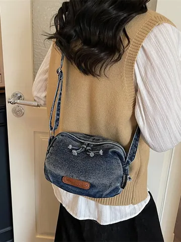 Sac Bandoulière Vintage en Denim Lavé Forme Coquille pour Femmes Grande Capacité Bandoulière Large Réglable Fermeture Éclair