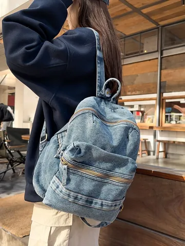 Vintage Washed Denim Backpack For Women Korean Style Large Capacity School Bag Retro Casual Travel Rucksack For Students