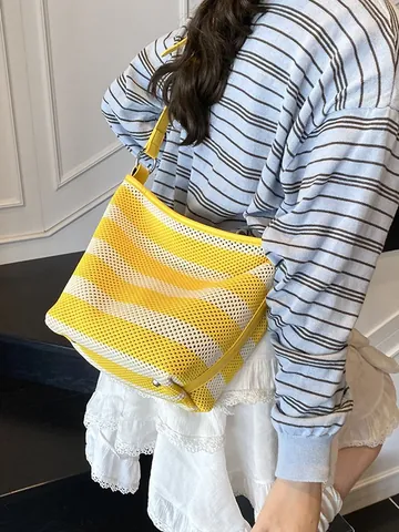 Women Large Capacity Striped Knit Mesh Bucket Bag Shoulder Bag With Inner Pouch PU Leather Strap Summer Beach Holiday