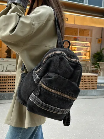 Vintage Washed Denim Backpack For Women Korean Style Large Capacity School Bag Retro Casual Travel Rucksack For Students