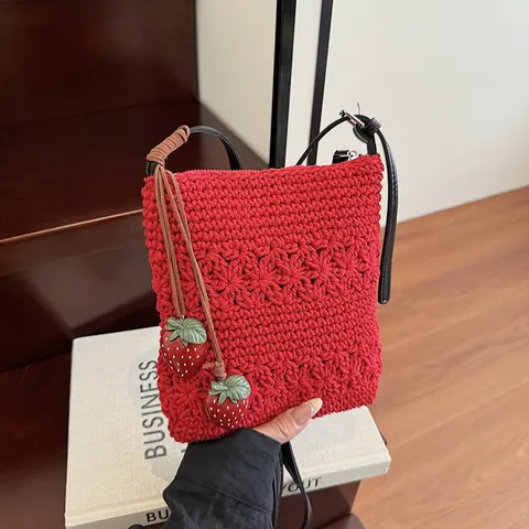 Women Handwoven Crochet Tote Bag With Strawberry Pendants Cotton Thread Hollow Floral Shoulder Crossbody Bag For Vacation Beach Daily Casual Bag