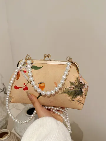 Nuovo Stile Cinese Vintage Borsa a Tracolla Ricamata da Donna Lussuosa Borsa da Sera con Catena di Perle Satinata