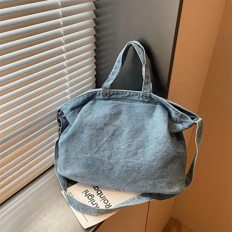 Large Capacity Denim Tote Bag For Women Vintage Washed Denim Canvas Shoulder Bag Versatile Crossbody Bag For Daily Commute