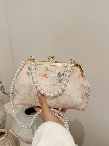 Nuovo Stile Cinese Vintage Borsa a Tracolla Ricamata da Donna Lussuosa Borsa da Sera con Catena di Perle Satinata