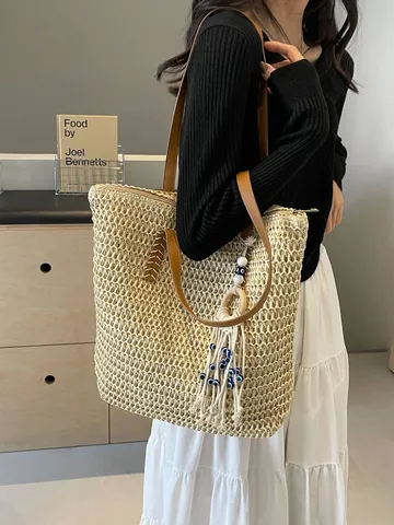 Boho Geflochtene Stroh Tote Bag Große Kapazität Umhängetasche Mit Böser Blick Quaste Sommer Strand Urlaub Damen Handtasche