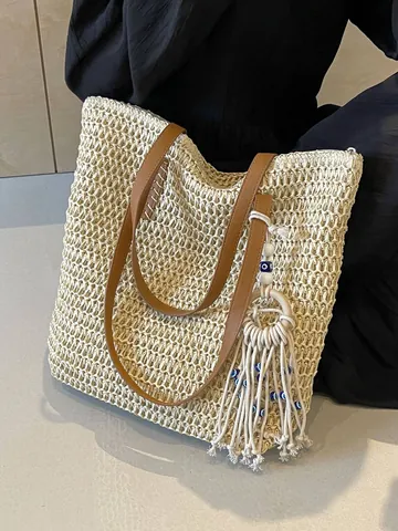 Boho Geflochtene Stroh Tote Bag Große Kapazität Umhängetasche Mit Böser Blick Quaste Sommer Strand Urlaub Damen Handtasche