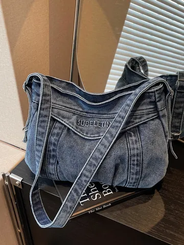 Vintage Denim Hobo Tasche Für Damen Große Kapazität Waschen Denim Umhängetasche Plissierte Kuriertasche Für Pendler Reisen