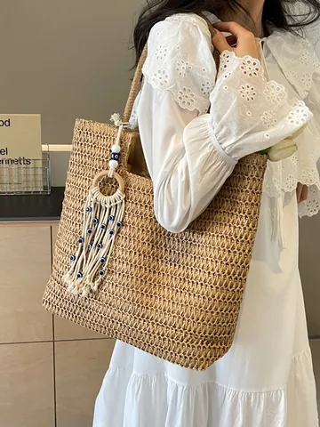 Damen Strohgewebe Tragetasche Große Kapazität Boho Strandurlaub Umhängetasche Mit Böser Blick Quaste Anhänger Reisetasche
