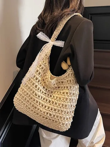 Sac Cabas Femme en Paille Tissée Grande Capacité Avec Nœud en Dentelle Ajouré Sac à Épaule pour Été Plage Vacances