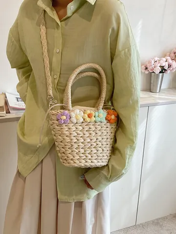 Borsa a Secchiello Intrecciata in Paglia da Donna Borsa a Mano con Fiori all'Uncinetto Borsa a Tracolla per Vacanze al Mare con Coulisse Interna Borsa da Viaggio Estiva