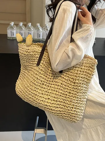 Large Capacity Woven Paper Straw Tote Bag For Women Casual Summer Vacation Shoulder Bag Beach Bag With PU Leather Strap