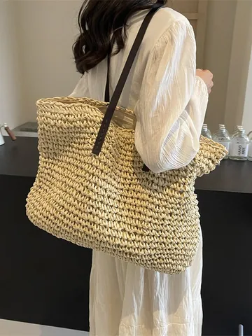 Large Capacity Woven Paper Straw Tote Bag For Women Casual Summer Vacation Shoulder Bag Beach Bag With PU Leather Strap