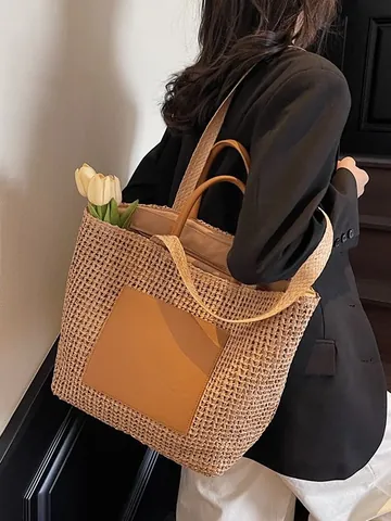 Women Large Capacity Straw Woven Tote Bag Minimalist Hollow Beach Handbag With PU Leather Patchwork Shoulder Bag For Vacation Daily