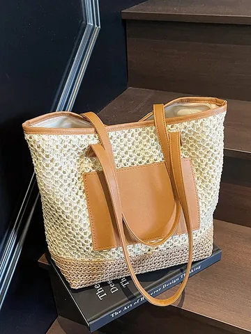 Borsa Tote da Donna Grande in Paglia Intrecciata Borsa a Tracolla Casual per Spiaggia Vacanza Con Manico in Pelle PU E Tasca Frontale
