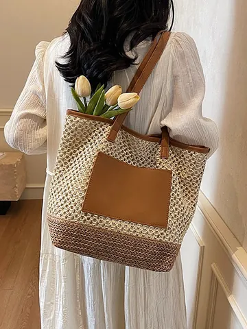 Borsa Tote da Donna Grande in Paglia Intrecciata Borsa a Tracolla Casual per Spiaggia Vacanza Con Manico in Pelle PU E Tasca Frontale