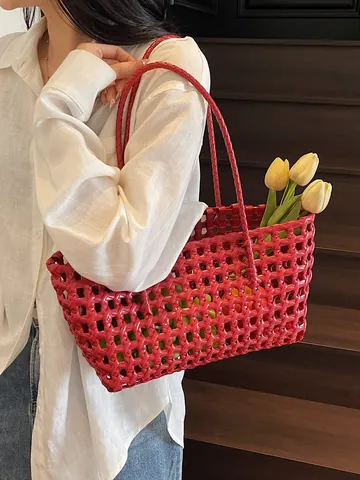 Sac Cabas Tissé en PVC pour Femme Sac de Plage Ajouré Panier de Courses pour Vacances Avec Doublure à Cordon