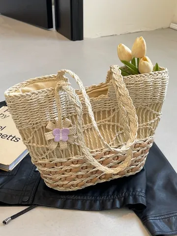 Women's Summer Beach Straw Woven Tote Bag Large Capacity Hollow Ripple Shoulder Bag With Purple Butterfly Charm Vacation Travel Handbag
