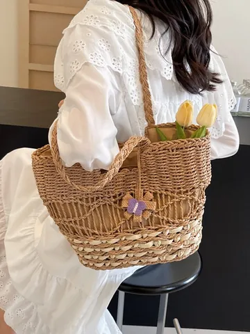 Women's Summer Beach Straw Woven Tote Bag Large Capacity Hollow Ripple Shoulder Bag With Purple Butterfly Charm Vacation Travel Handbag