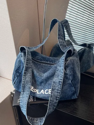 Grote Capaciteit Denim Schoudertas Voor Dames Heren Retro Gewassen Denim Kussentas Met Letter Print Casual Tas