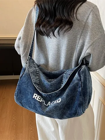Grote Capaciteit Denim Schoudertas Voor Dames Heren Retro Gewassen Denim Kussentas Met Letter Print Casual Tas