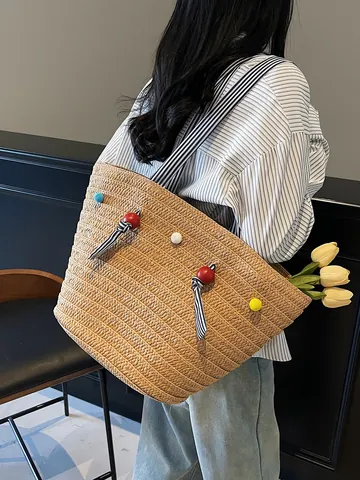 Damen Große Kapazität Stroh Gewebte Shopper Tasche Strand Urlaub Schultertasche Mit Bunten Bommel Gestreiftem Riemen Handtasche