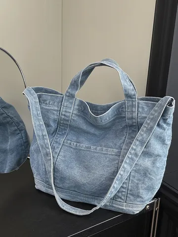 Dames Grote Capaciteit Denim Tote Bag Contraststiksel Schoudertas Voor School Reizen Dagelijks Woon-werkverkeer Blauw Zwart