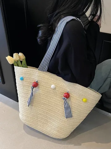 Damen Große Kapazität Stroh Gewebte Shopper Tasche Strand Urlaub Schultertasche Mit Bunten Bommel Gestreiftem Riemen Handtasche