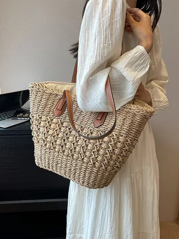 Bolso Tote de Paja Tejida de Gran Capacidad para Mujer Bolso de Hombro para Playa y Vacaciones con Correa de Cuero PU