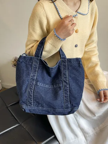 Dames Grote Capaciteit Denim Tote Bag Contraststiksel Schoudertas Voor School Reizen Dagelijks Woon-werkverkeer Blauw Zwart