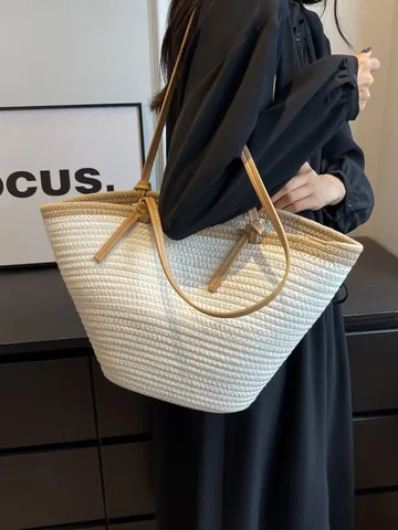 Women Casual Large Capacity Straw Woven Tote Bag Summer Beach Shoulder Handbag Bohemian Style Vacation Travel Shopper Bag