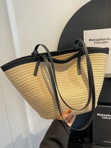 Women Casual Large Capacity Straw Woven Tote Bag Summer Beach Shoulder Handbag Bohemian Style Vacation Travel Shopper Bag