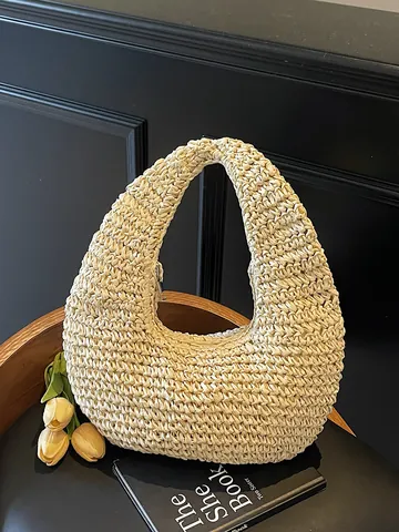Sac de Plage en Paille Tissé Bohème Sac à Main Hobo Croissant Avec Fermeture Éclair Style Décontracté Été Pour Femmes