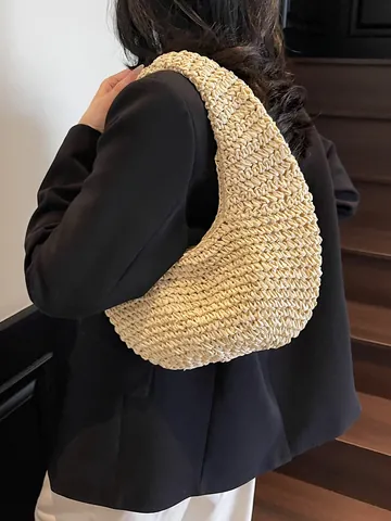 Sac de Plage en Paille Tissé Bohème Sac à Main Hobo Croissant Avec Fermeture Éclair Style Décontracté Été Pour Femmes