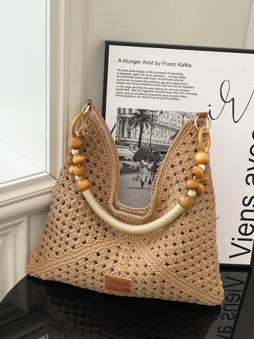 Borsa Tote Intrecciata a Mano Bohemien Per Donna Grande Borsa da Spiaggia Con Manico in Perline di Legno Retro a Spalla