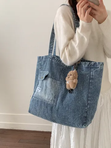 Women Casual Denim Tote Bag Large Capacity Blue White Vertical Stripe Canvas Shoulder Bag With Patch Pocket Everyday Shopper Handbag