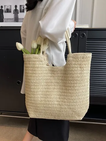 Sac Fourre-Tout en Paille Tissée à Grande Capacité Décontracté pour Femmes Plage Été Vacances Fait à la Main Crochet Sac à Main Beige Khaki