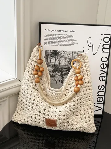 Borsa Tote Intrecciata a Mano Bohemien Per Donna Grande Borsa da Spiaggia Con Manico in Perline di Legno Retro a Spalla