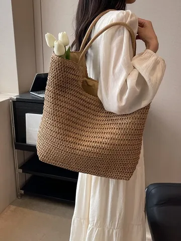 Sac Fourre-Tout en Paille Tissée à Grande Capacité Décontracté pour Femmes Plage Été Vacances Fait à la Main Crochet Sac à Main Beige Khaki