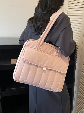 Bolso Tote Acolchado para Ordenador Portátil para Mujer Nylon Resistente al Agua Rayas Verticales Bolso de Gran Capacidad