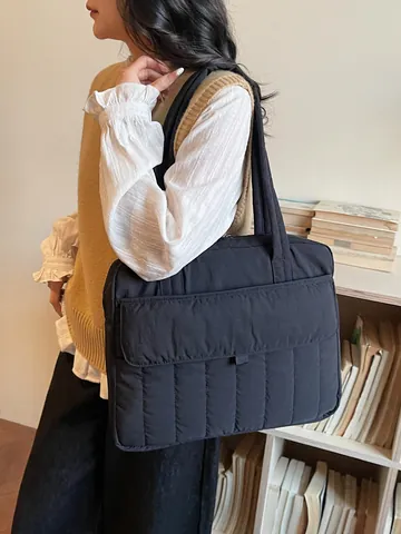 Bolso Tote Acolchado para Ordenador Portátil para Mujer Nylon Resistente al Agua Rayas Verticales Bolso de Gran Capacidad