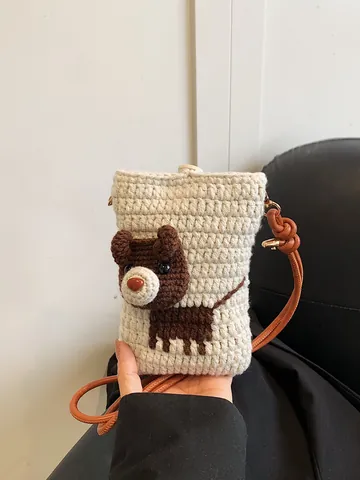 Handgeweven Cartoon Hond Haken Crossbodytas Voor Dames Schattig Garen Gebreide Mobiele Telefoon Schoudertas Met Lange Band